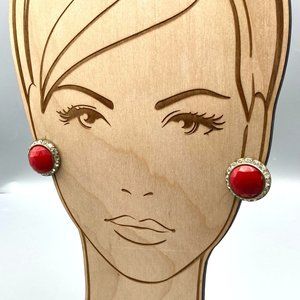 Vintage Crystal Halo Button Earrings, Faceted Cherry Red Lucite, Screw Back Glam